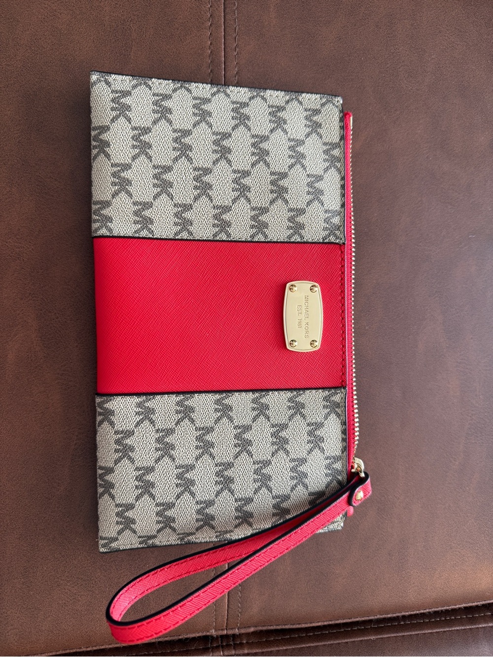 MK Michael kors Red and Beige Signature-Pattern Wristlet